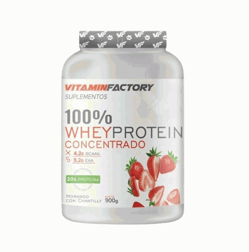 100% Whey Concentrado Pote (900g) - Sabor: Morango com Chantilly