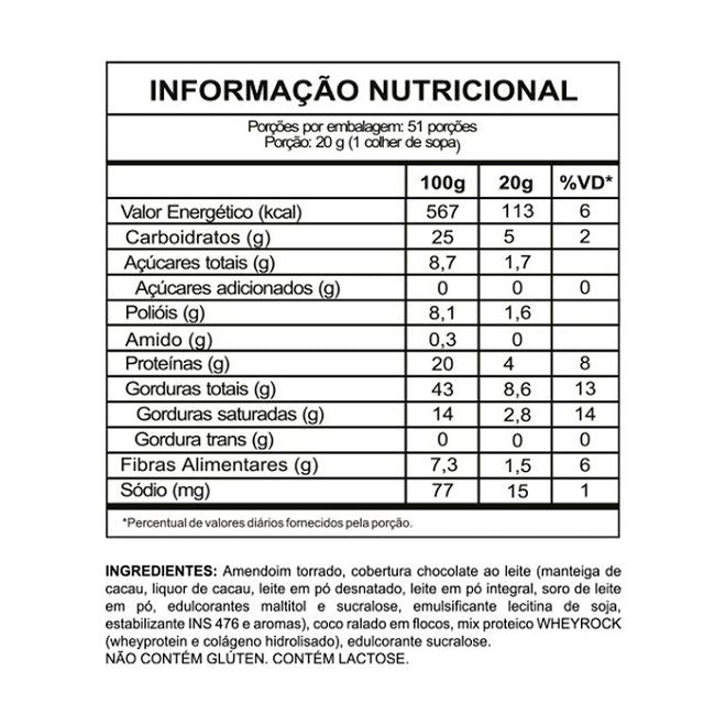 Pasta de Amendoim Whey Rock (1kg) - Sabor: Belga Coconut c/ Whey Rock.