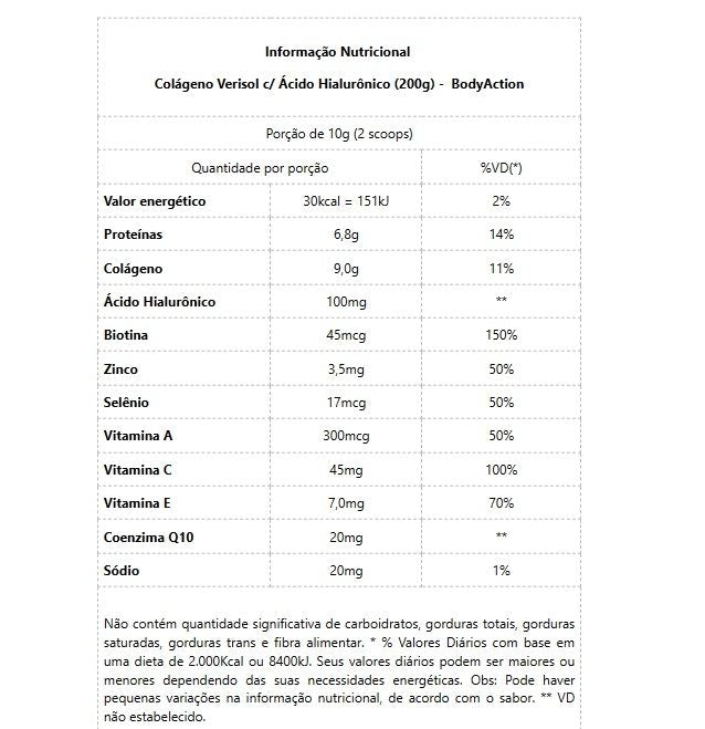 Colágeno Verisol c/ Ácido Hialurônico (200g) - Sabor: Natural