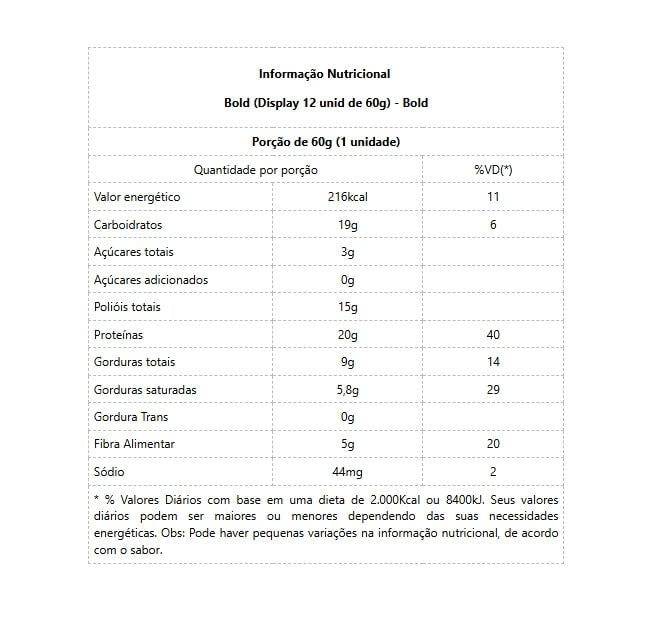 Bold Bar Display (12 unid de 60g) - Sabor: Paçoca e Chocolate