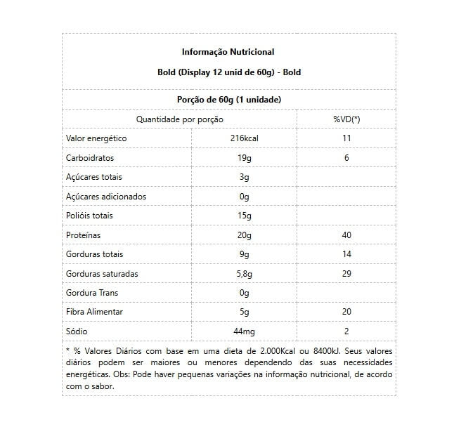 Bold Bar Display (12 unid de 60g) - Sabor: Leite e Avelã