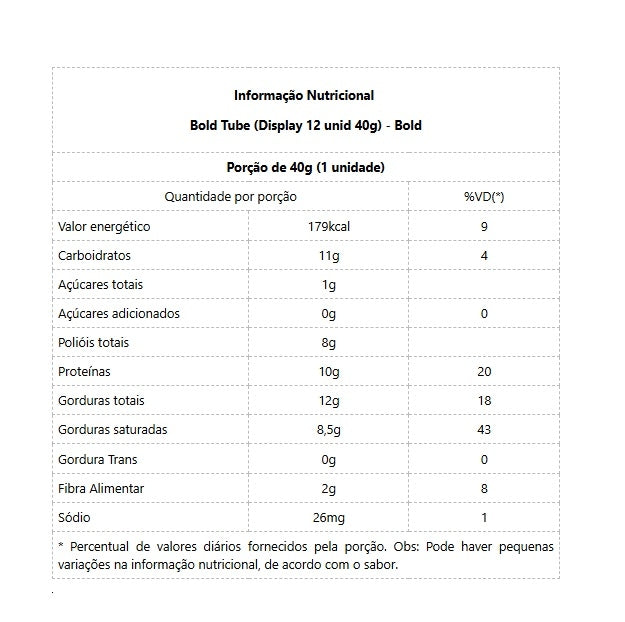 Bold Tube Display (12 unid. 40g) - Sabor: Cookies e Cream