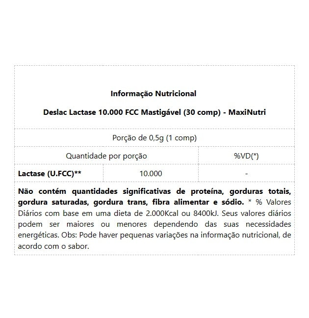 Deslac Lactase 10.000 FCC Mastigável (30 comp) - Padrão: Único