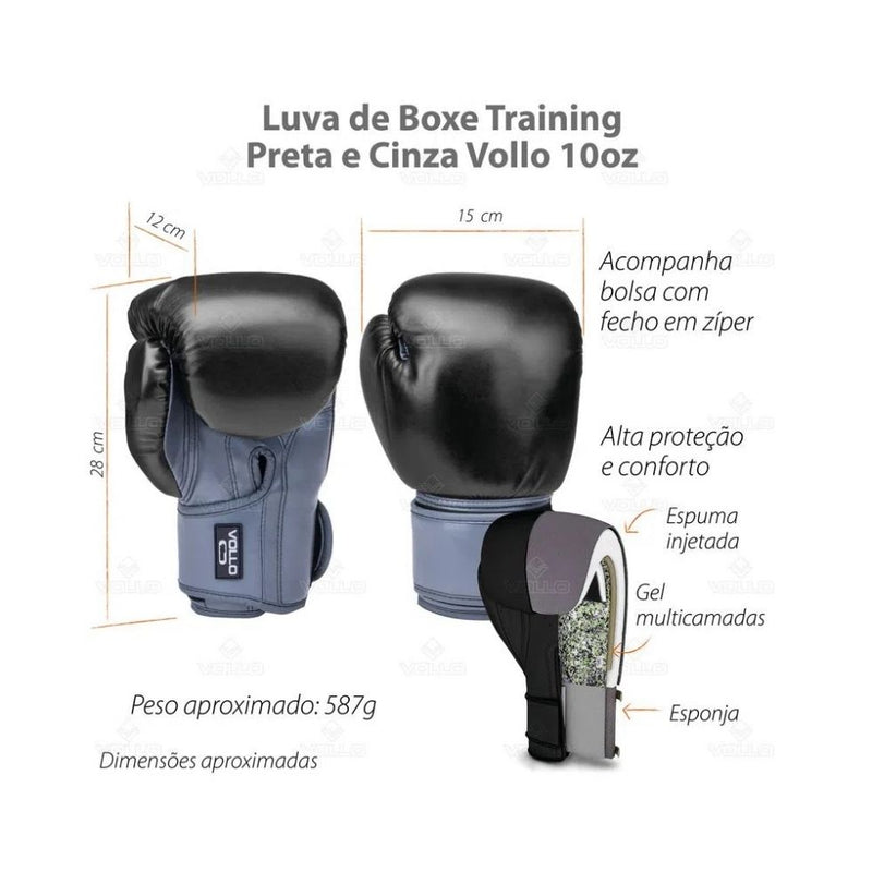 Luva Boxe Training - Tamanho: Preta e Cinza (12 OZ)