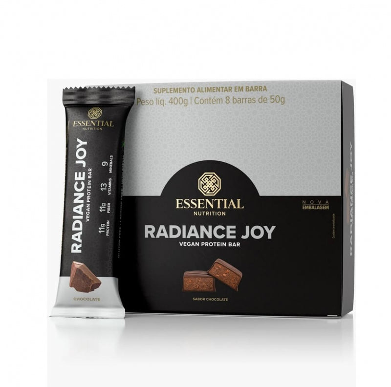 Radiance Joy Vegan Protein Bar Display (8 unid. 50g) - Sabor: Chocolate.